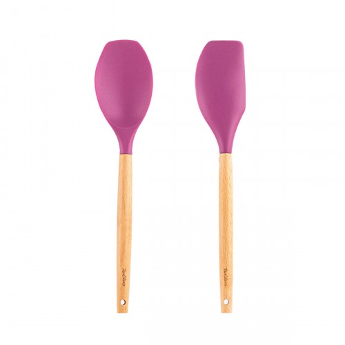 006-01-BAMBU SAPLI VİŞNE RENKLİ SİLİKON BÜYÜK KAŞIK VE SPATULA SETİ