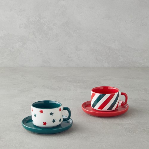 Holiday Shine New Bone China 4 Parça 2 Kişilik Kahve Fincan Takımı 90 ml Kırmızı - Yeşil
