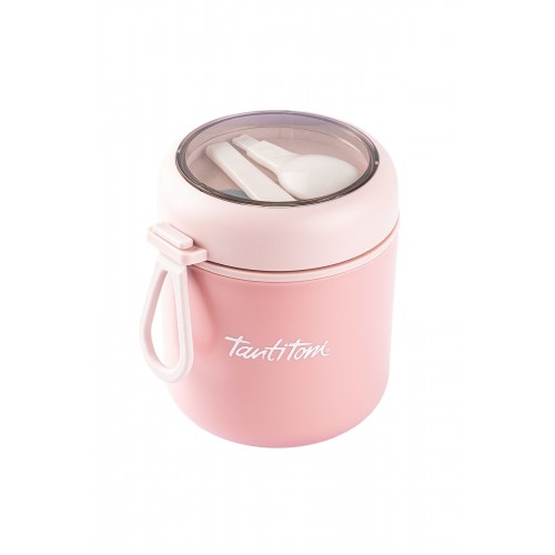 048-01-Tantitoni Pembe Paslanmaz Çelik Yuvarlak Kaşıklı Yemek Taşıma Kabı 530Ml