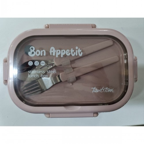 Pembe Paslanmaz Çelik Dikdörtgen Çatal Ve Kaşıklı Yemek Taşıma Kabı 850Ml