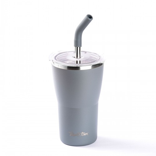 024-01-Gri 2 Kapaklı Çift Katmanlı Pipetli Termos Bardak 410Ml